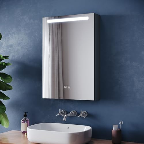 ZANOFIRA Bathroom Mirror Cabinet with LED Lights and Shaver Socket, 485x700mm Fully Assembled Wall-Mounted Mirror Cabinet with 3 Colors Dimmable and Demister Pad, Black