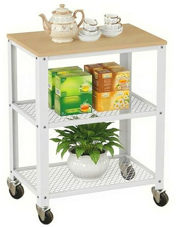 Relaxdays Küchenwagen, 3 Ebenen, Holzoptik, Rollwagen Küche, Haushalt & Büro, HBT: 77,5x60x40 cm, Metall, Hellbraun-weiß