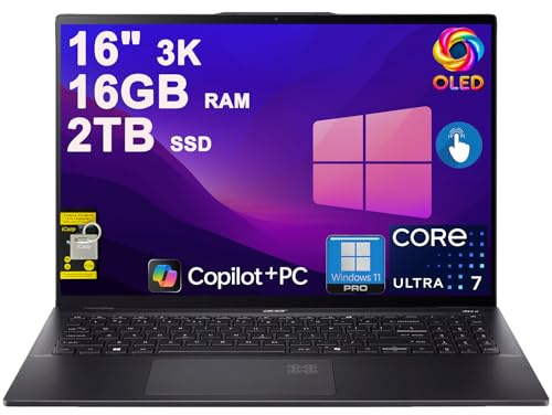 acer Swift 16 AI Laptop 16 pollici 3k OLED 120Hz Touch (100% DCI-P3) Intel 8-core Ultra 7 256V (fino a 47 top) 16 GB RAM 2 TB SSD retroilluminato impronte digitali per lavoro di design Win11Pro ICP