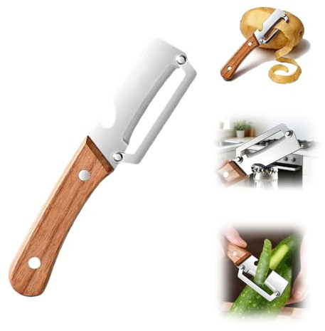 zero snag holzschäler aus Edelstahl, Multifunktionaler Gemüseschäler, Sparschäler mit Holzgriff & integriertem Flaschenöffner für Obst, Gemüse & Fleischscheiben (1 STÜCK)