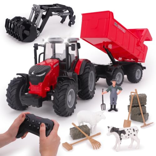 Toyland® 1:24 Scale Red Remote Control Tractor With Frontloader, Powered Tipping Trailer & Accessories Toy Playset with Lights & USB Charging - Rechargable Battery Included - Farm Play Vehicle