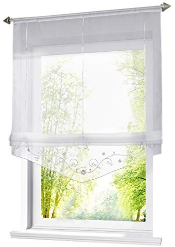 BAILEY JO 1er-Pack Tunnelzug Raffrollo mit Stickerei Rollos Voile Transparent Schön Vorhang (BxH 100x140cm, weiß)