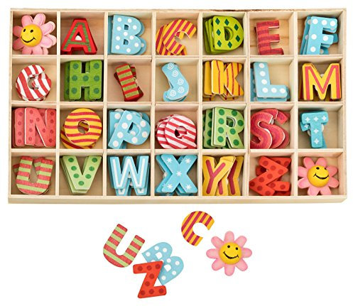 Kleenes Traumhandel Bunter Buchstabenkasten aus Holz - 2,5 cm Höhe - Set von 108 Teilen
