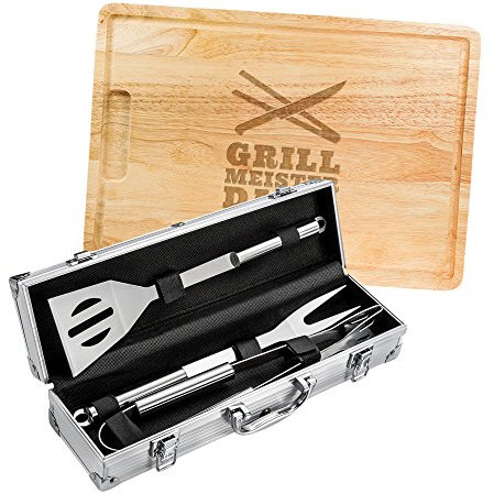 AMAVEL Juego de 2 utensilios para barbacoa en maletín de acero inoxidable, tabla de cortar de madera, cubertería para barbacoa personalizada, pinzas para barbacoa, regalos para hombres, regalos para