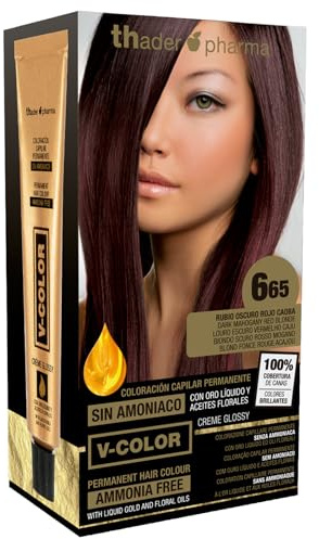 Thader Pharma V-Color Kit de Tinte permanente Sin Amoniaco con Oro Líquido 100% Cobertura de canas, 120 ml (No. 6.65 Rubio oscuro rojo caoba)