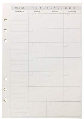 Carta di ricarica/foglie sciolte per cartelline portadocumenti ad anello rotondo con copertura a 6 fori da 8,5 pollici A5 (A5 Monthly Plan Refill Paper BW, 1 Package)