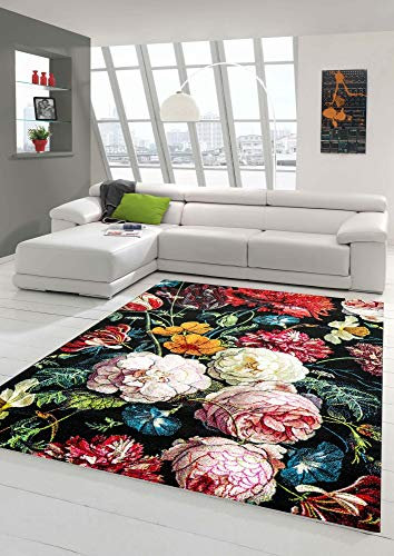 Teppich Blumen Wohnzimmer Teppich Blumenstrauß in schwarz Creme rot Größe 120x170 cm