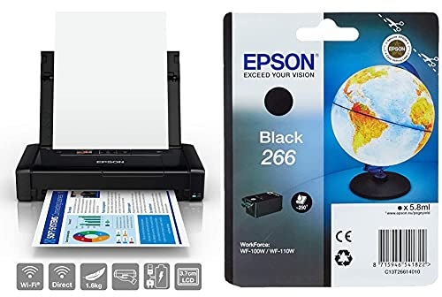 Epson Workforce WF-110W Impresora de inyección de Tinta portátil, Color Negro + C13T26614010 Cartucho de tóner Adecuado para WF100W, Color Negro válido para WF-100W