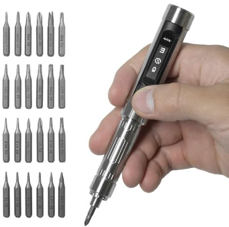 MINIWARE Schraubendreher Set ES15S, Mini Elektroschrauber mit LED Licht&24 Magnetischen Bits, 5 Gänge Drehmoment, 4 mm Sechskant & 800 Bits, Wiederaufladbarer, für DIY-Reparaturen