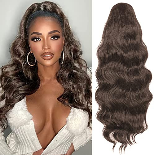 YEESHEDO Pferdeschwanz Haarteil Clip Extensions mit Kordelzug Lang Wellig Haarverlängerunge Natürliche Perücke Afro Lockige Ponytail fuer Zopf (Braun)