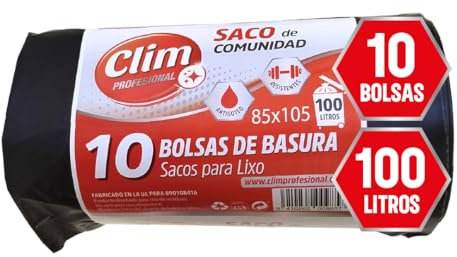 Clim Profesional 10 Bolsas Basura Resistentes 100 Litros. Sacos de Bolsas de Comunidad 850x1050 mm. Negro