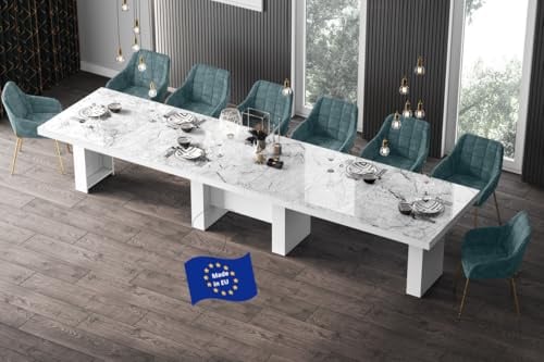 designimpex Design Esstisch HLA-111 Marmoroptik/Weiß Hochglanz ausziehbar XXL 160 cm bis 400 cm Esszimmertisch für 18 Personen Kitchentable Funktionstisch Ausziehtisch Esszimmer Tisch Esszimmermöbel