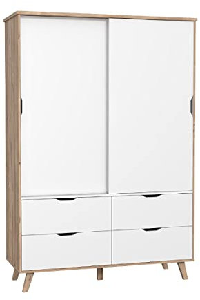 Angelschrank mit 2 Schiebetüren, 1 Kleiderschrank, 4 Schubladen, Dekor Eiche, Natur und Weiß, matt, Füße aus Massivholz, schräg – Engel