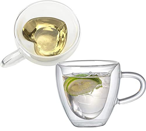 JOKITA 2xherzförmige Tasse, doppelte Glas-Kaffeetassen mit Herz, doppellagige Herzbecher, herzförmige Teetasse, transparente Herz-Tasse, herzförmige Kaffeetasse, Glas-Herz-Tasse, 237 ml, transparent.