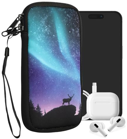 kwmobile Handytasche für Smartphones XXL - 7 - Neopren Handy Tasche Hülle Cover Case Schutzhülle - Polarlicht Hirsche Türkis Blau Schwarz - 17,7 x 8,5 cm Innenmaße
