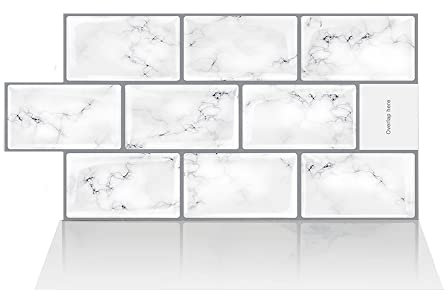 Alwayspon 3D-Vinyl-Wandfliesenaufkleber, selbstklebend, wasserdicht, Spritzschutz für Küche, Badezimmer, Wand, 30,5 x 15,3 cm, Marmorweiß, 10 Bögen