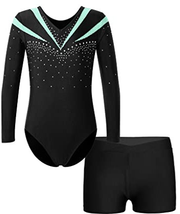 Aiihoo Mädchen Turnanzug Langarm Glänzende Tanzbody mit Strass und Shorts Tanzbody Trikotbody Tanzkleidung Tanz Gymnastik Trikots Tanzkostüm S Hellgrün 146-152