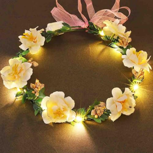Edary LED Blumenkranz Blume Krone Stirnband Braut Haarschmuck Haarbänder Floral Girlande Festival Party Hochzeit Strand für Damen