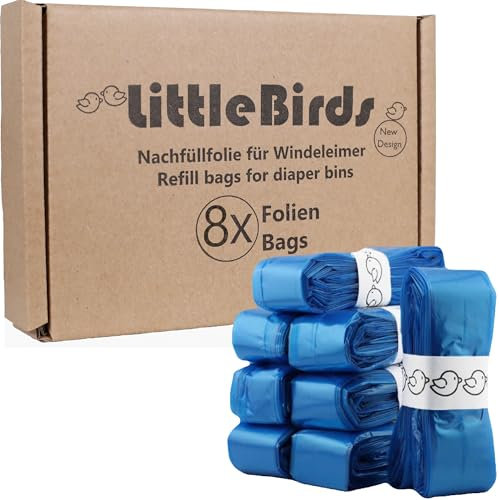 Little Birds - 8x Premium Nachfüllfolien Windeleimer - Kompatibel mit Nachfüllkassetten von Angelcare, LitterLocker, Spross & LittyCat - Maximaler Geruchsschutz - Mehr Kapazität für bis zu 320 Windeln