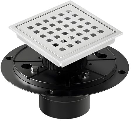 EXF Quadratischer Duschablauf 4-3/8 Zoll Chrom Edelstahl Dusche Bodenablauf Kit mit ABS Flansch Abnehmbare Abdeckung Gitterrost Haarsieb
