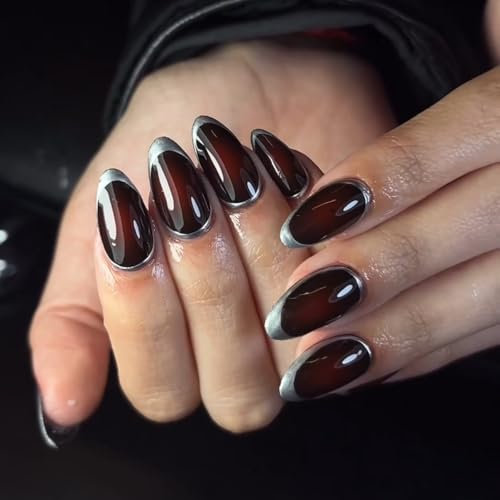 Faux Ongles Court MouyouGlow,Amande Bordeaux Rouge Argent French Cercles nails Press on Nails avec Colle à Ongles,Dark Wine Red Silber Fake Nails