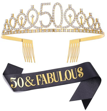 Dimetey '50 & Fabulous' Schärpe & Tiara Set für Frauen zum 50. Geburtstag, Schwarz, Metalllegierung, Kristalle, Strasssteine, JEWELRY, Accessoire, Damen, Frauen, 50. Geburtstag
