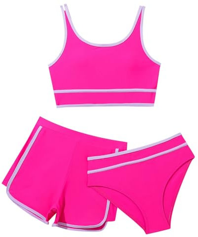 3 Teiliges Mädchen Bikini Sets Einfarbiges Badeanzug Verstellbare Bikini Tank Oberteil mit Triangel Bikinihose Und Kurz Shorts Sommer Strand Sportliche Bademode Badebekleidung für 8-14 Jahre