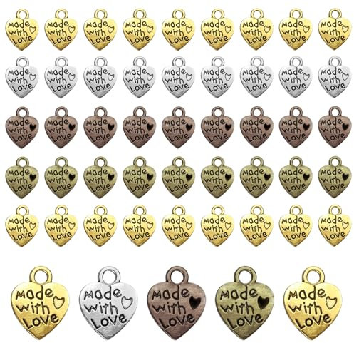 NATOSU 50 Stück antiker Metall-Herz-Anhänger, Charms, Herz-Anhänger, handgefertigt, Anhänger mit Metalletikett, handgefertigt mit Liebe, Charm-Herz-Anhänger, Mini-Anhänger für DIY-Bastelarbeiten