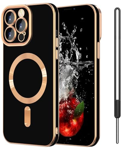 SouliGo iPhone 13 Pro Max Hülle, iPhone 13 Pro Max Handyhülle mit Band [Kompatibel mit Magsafe] Magnetische Plating Soft TPU Case Kratzfeste Stoßfeste Schutzhülle für iPhone 13 Pro Max Schwarz Gold