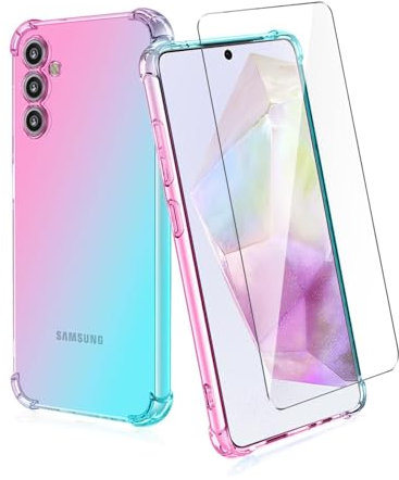 Wanglaism Funda para Samsung Galaxy A35 5G + Vidrio Templado Protector de Pantalla, Funda de móvil antichoque con Degradado de Colores-Rosa/Verde
