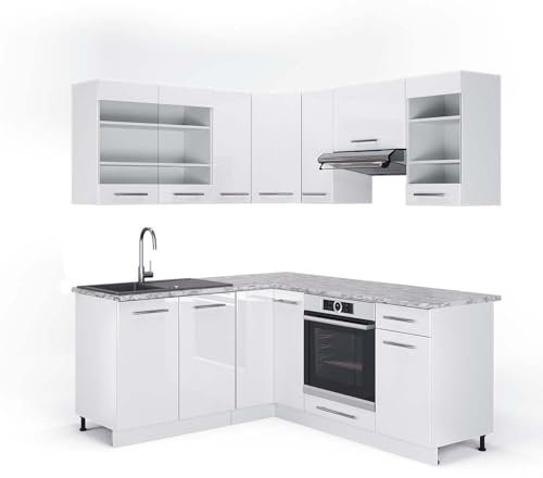 Vicco Eckküche Fame-Line, Küchenzeile in L-Form, Weiß Hochglanz/Weiß, 160 x 190 cm, AP Marmor