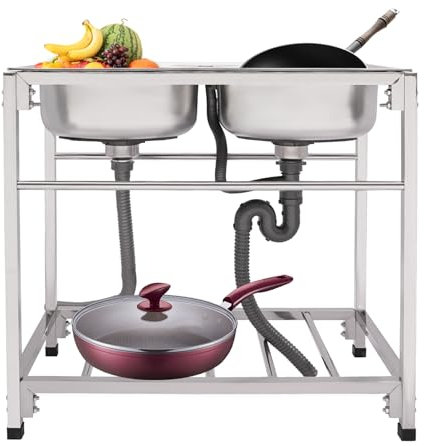 Begoniape Fregadero de cocina doble fregadero de acero inoxidable fregadero fregadero comercial mesa de trabajo fregadero cocina fregadero empotrado 83 x 43,94 x 76,96 cm