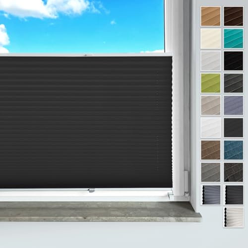 Plissee ohne Bohren, mit Klemmträger: Faltrollo für Sicht- und Sonnenschutz an Fenstern und Türen. Premiumqualität, ideal für Zuhause, erhältlich in 3 Kollektionen(Binco Schwarz,B140cm x H130cm)