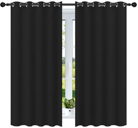 NAKIHOUSE Black Blackout Curtains, Thermal Curtains 46 Wide x 54 Drop Super Blackout Eyelet Ring Top Curtains Bedroom, Single Curtain for Door Doorway Window Living Room Bedroom, 2 Panel