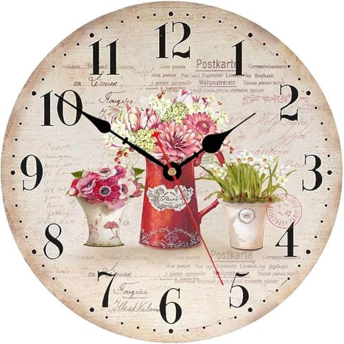 TAHEAT Blume Wanduhr, 20 cm Klein Shabby Chic Uhren, Holz Batteriebetrieben Geräuschlos Leise Wanduhren für Küche Wohnzimmer Schlafzimmer Badezimmer