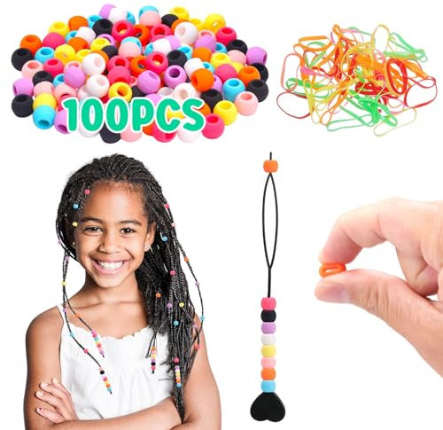 SEVENKA Lot de 100 petites perles de cheveux en silicone pour filles, 5 x 7,7 mm, perles colorées en micro silicone doux pour tresses pour filles, 2 perleurs rapides en plastique pour tresses de