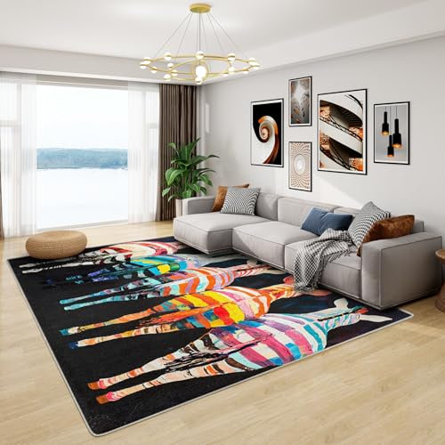 Zebra Teppich Kinder - Teppich Wohnzimmer Schlafzimmer Buntes Zebra, Großer Teppich Bunt Graffiti, Weich Kurzflor & Waschbar & rutschfest Wohnzimmerteppich, Kinderteppich, Bettvorleger 160x200 cm