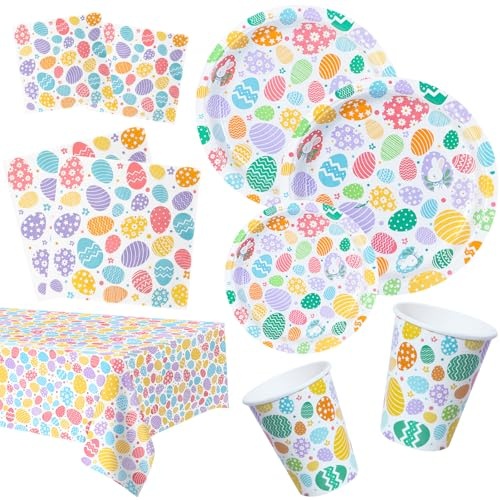 BFB Pappteller Set Ostern Papierservietten Partyteller 81 Stück Ostereier Papierteller Dessertteller Servietten Pappbecher Tischdecken Partygeschirr Set Osterdeko Tischdeko für Ostern
