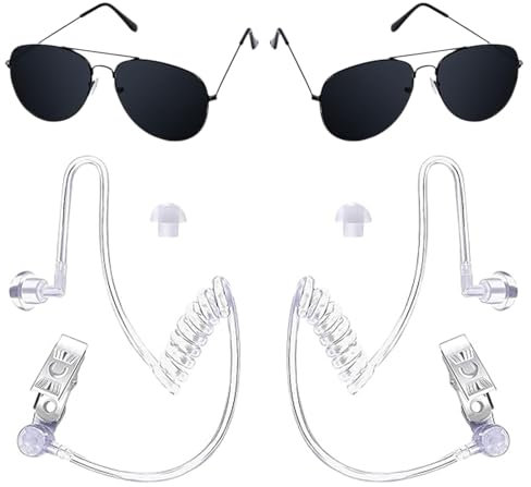 Spion Ohrhörer Spielzeug, 4 Stück Agent Kostüm Zubehör mit Ohrhörer Schallschlauch und Schwarz Sonnenbrillen, Rollenspiele Security Kostüm Accessoires, Spion Kostüm Zubehör für Kinder Cosplay Party