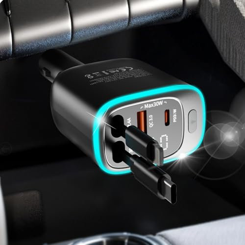 Retractable Car Charger Adapter USB C 4 in 1, 78W Car Cigarette Lighter Phone Charger with Retractable Cables,USB C Socket Compatible with iPhone, Android, Samsung Galaxy