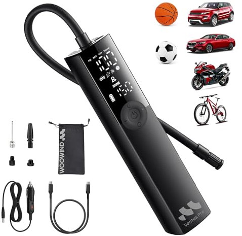 Woowind Compressore Aria Portatile per Auto, SUV, Pickup, Bici e Moto, 150 PSI, Gonfia Gomme Auto, Mini Compressore Portatile, Utilizzo Senza Fili o con Cavo 12V DC, Spegnimento Automatico, Luce LED