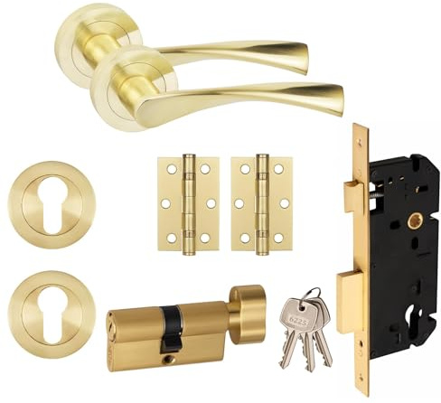 Golden Grace Astrid Euro Key Lock Door Handle Set, Satin Brass | Complete set includes a pair of T-Bar rose handles, 3 ball bearing hinges, escutcheon, cylinder and a 9 lock body.