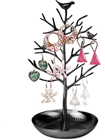 FSROOMZ Baum Schmuckständer mit Vögel Deko, Kettenständer Schmuck Baum für Ketten Ring Ohrring, Damen Armbandständer Schmuckhalter Ohrringhalter Metall Schmuckaufbewahrung für Mädchen Frau (Schwarz)