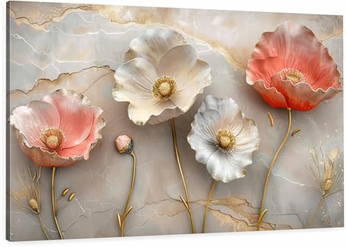 HUBDECO Leinwand Bilder Wohnzimmer - Bilder, Poster, Kunstdrucke - Leinwandbild - Bild auf Leinwand - Tolle Zimmerdekoration - Schlafzimmer Bilder - 120x80cm - Mohnblumen Marmor Stein