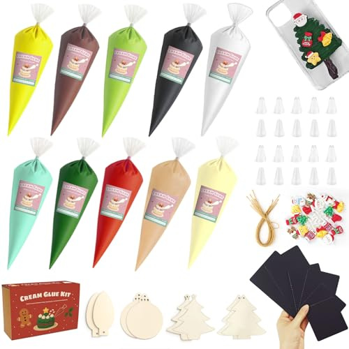 EIGTWEN Christmas Cream Glue for Crafts Kit, Suitable for Phone Case Decorating Kit, DIY Crafts, Including10pcs Whipped Cream Glue, 24 Christmas Decorations, 6 Refrigerator Magnets and Piping Nozzles