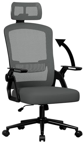 naspaluro Ergonomic Office Chair, Desk Chairs with Headrest, Height Adjustable Computer Executive Work Chair, Swivel Mesh Chair with 90° Flip-up Armrest & Lumbar Support for Home/Office-Dark Grey