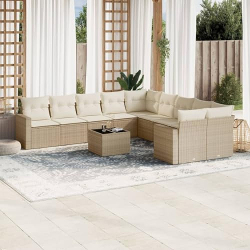 QJBSAVVA 11-TLG - Ensemble de canapés d'angle en rotin - Beige - 62 x 62 x 69 cm - Avec table basse - Petit groupe de sièges pour balcon/terrasse