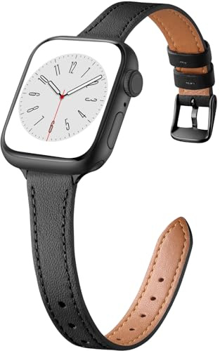 CeMiKa Schlankes Lederarmband Kompatibel mit Apple Watch Series 11 10 Damen | Leder Ersatzband Kompatibel mit Apple Watch Armband 38mm 40mm 41mm 42mm/iWatch Series 9 8 7 6 5 4 3 SE3 SE, Schwarz/Schwarz
