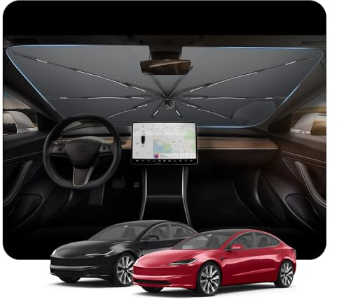 [2026 Actualización] BSTW Compatible con Tesla Model 3 Highland 2018-2026 Parasol para Parabrisas, Parasol Plegable Automático Diseño con Cordón, Protector Solar y Protección UV Model 3 Accesorios