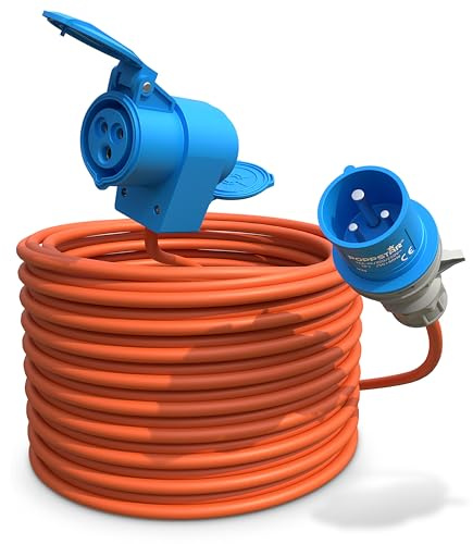 Poppstar Camping CEE Kabel 20m mit Schuko (CEE Stecker 3-polig auf CEE-Dose + Schutzkontakt-Steckdose Typ F), 230V/16A, IP44, H07RN-F 3G2.5